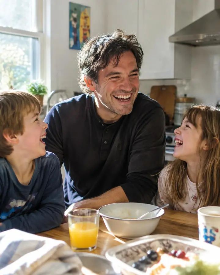 A father laughing with his children at breakfast