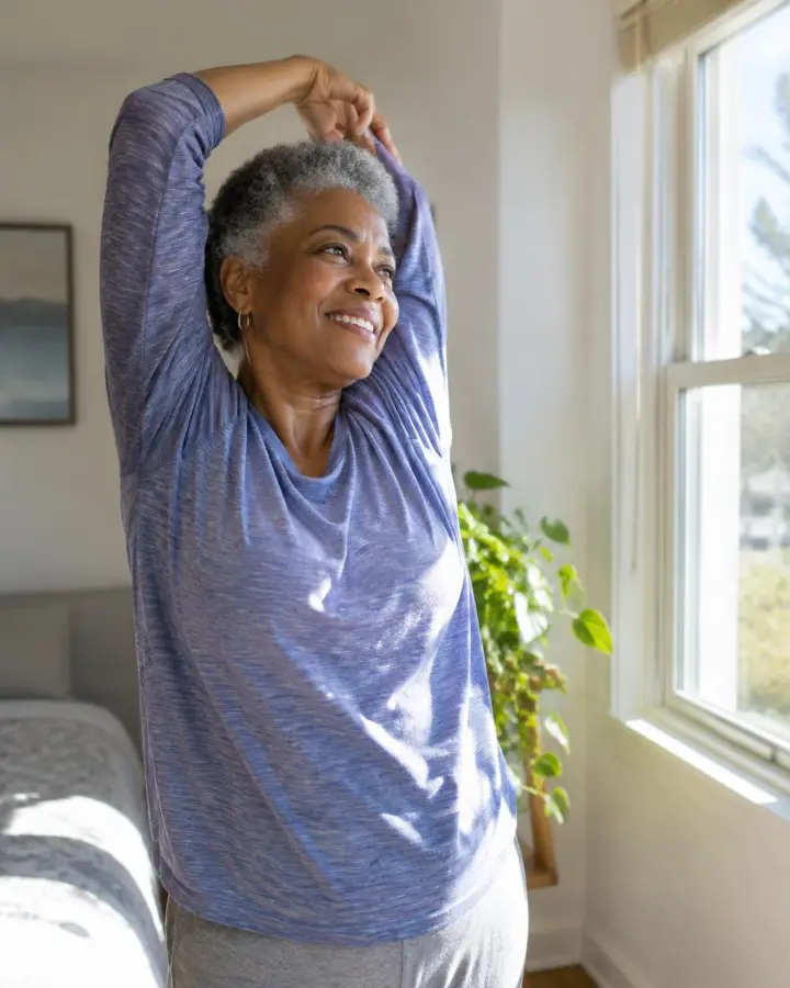 A woman stretching by a sunny window in the morning